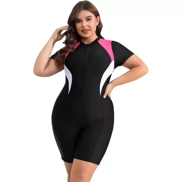 IDOPIP Plus Size One Piece Swimsuit for Women Tummy Control Bathing Suit Sun Protection UPF 50 Rash Guard Surfing SwimwearBlack  Pink