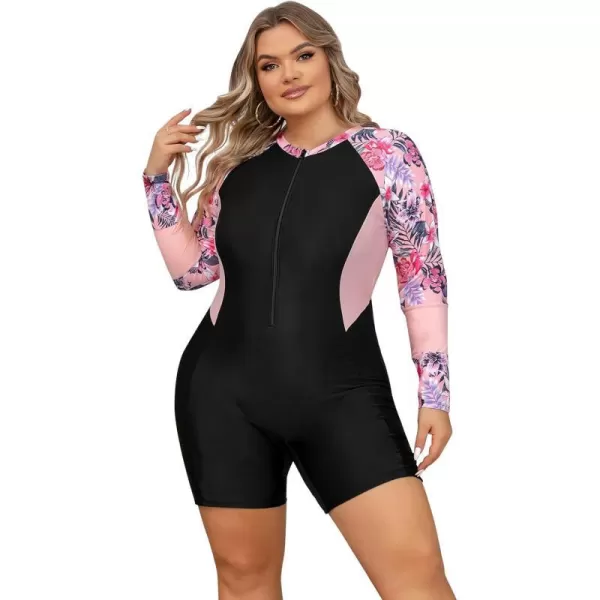 IDOPIP Plus Size One Piece Swimsuit for Women Tummy Control Bathing Suit Sun Protection UPF 50 Rash Guard Surfing SwimwearBlack  Pink Floral