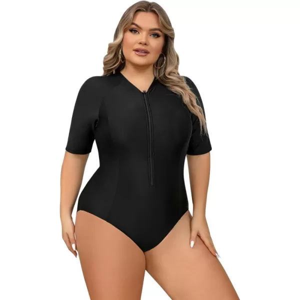 IDOPIP Plus Size One Piece Swimsuit for Women Tummy Control Bathing Suit Sun Protection UPF 50 Rash Guard Surfing SwimwearBlack  Short Sleeve