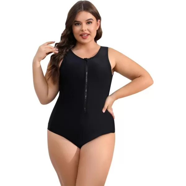 IDOPIP Plus Size One Piece Swimsuit for Women Tummy Control Bathing Suit Sun Protection UPF 50 Rash Guard Surfing SwimwearBlack  Sleeveless