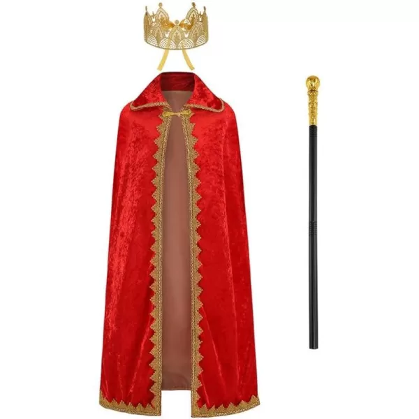 IDOPIP Prince King Costume for Kids Adult Boys Men Royal Prince Robe Cape Crown Scepter Set for Halloween Dress up CosplayRed 3pcs  Embroidery