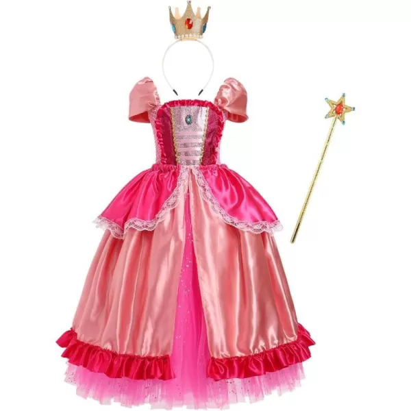 IDOPIP Princess Peach Costume for Girls Kids Halloween Birthday Party Dress up Cosplay Outfit with Accessories Crown WandDark Pink