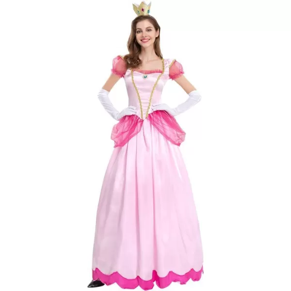 IDOPIP Princess Peach Costume with Crown and Gloves for Adult Women Halloween Birthday Party Dress up Fancy Cosplay OutfitPink