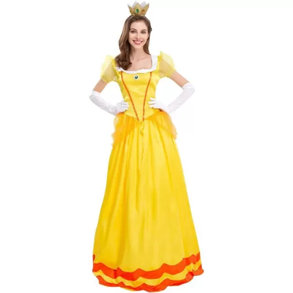 IDOPIP Princess Peach Costume with Crown and Gloves for Adult Women Halloween Birthday Party Dress up Fancy Cosplay OutfitYellow