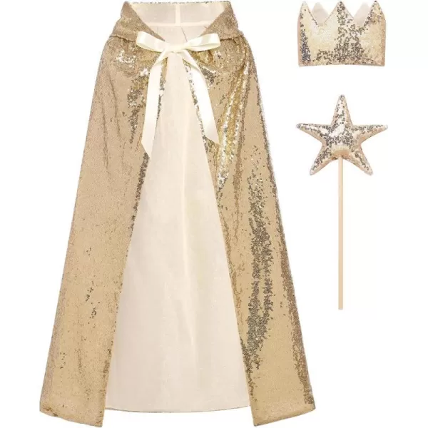 IDOPIP Princess Sequin Hooded Cape Cloaks for Little Girls Halloween Costume Cosplay Party Dress up with Crown  Fairy WandChampagne Gold