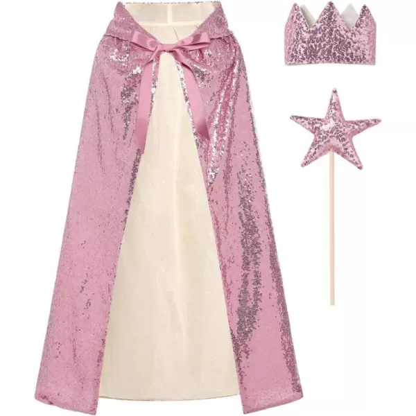 IDOPIP Princess Sequin Hooded Cape Cloaks for Little Girls Halloween Costume Cosplay Party Dress up with Crown  Fairy WandDark Pink