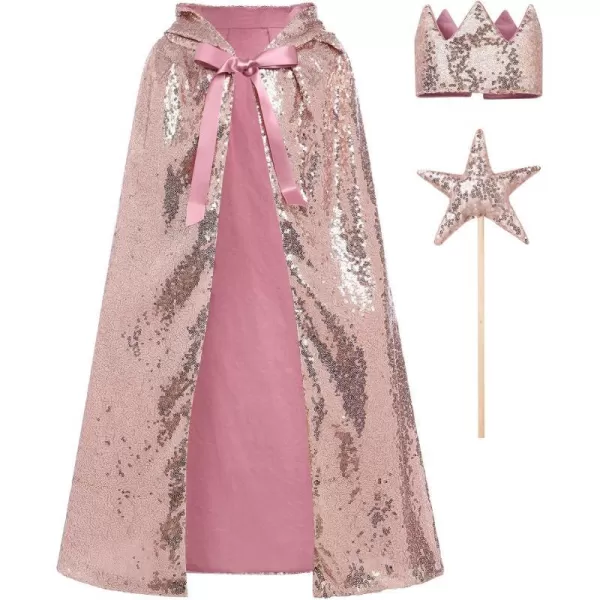 IDOPIP Princess Sequin Hooded Cape Cloaks for Little Girls Halloween Costume Cosplay Party Dress up with Crown  Fairy WandRose Gold