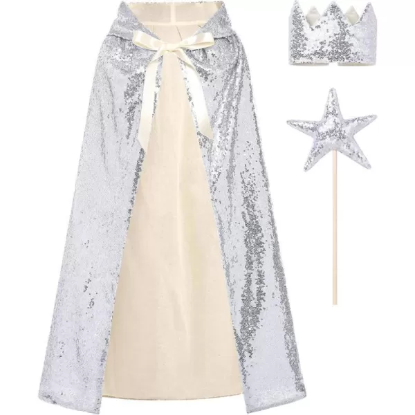 IDOPIP Princess Sequin Hooded Cape Cloaks for Little Girls Halloween Costume Cosplay Party Dress up with Crown  Fairy WandSilver