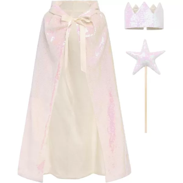 IDOPIP Princess Sequin Hooded Cape Cloaks for Little Girls Halloween Costume Cosplay Party Dress up with Crown  Fairy WandWhite