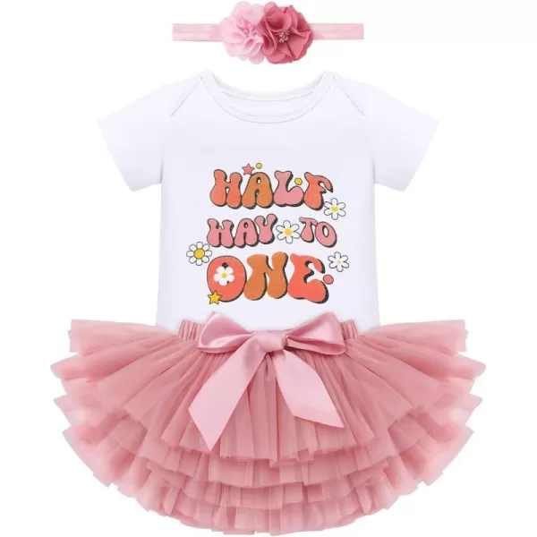 IDOPIP Rainbow 1st Birthday Outfit for Baby Girls Romper Tutu Skirt Tulle Bloomers Headband First Birthday Cake Smash OutfitsDusty Pink  Half Way to One