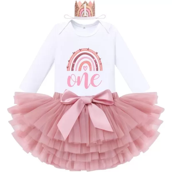 IDOPIP Rainbow 1st Birthday Outfit for Baby Girls Romper Tutu Skirt Tulle Bloomers Headband First Birthday Cake Smash OutfitsDusty Pink One  Long Sleeve Crown