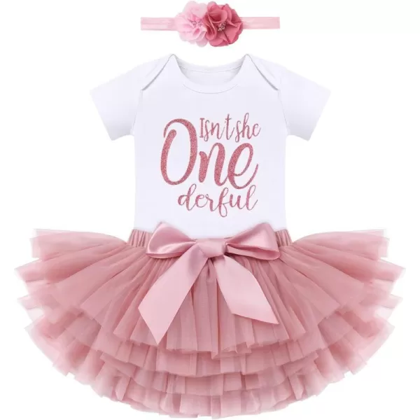 IDOPIP Rainbow 1st Birthday Outfit for Baby Girls Romper Tutu Skirt Tulle Bloomers Headband First Birthday Cake Smash OutfitsDusty Pink One