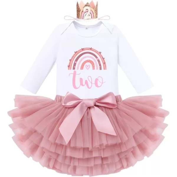 IDOPIP Rainbow 1st Birthday Outfit for Baby Girls Romper Tutu Skirt Tulle Bloomers Headband First Birthday Cake Smash OutfitsDusty Pink Two  Long Sleeve Crown