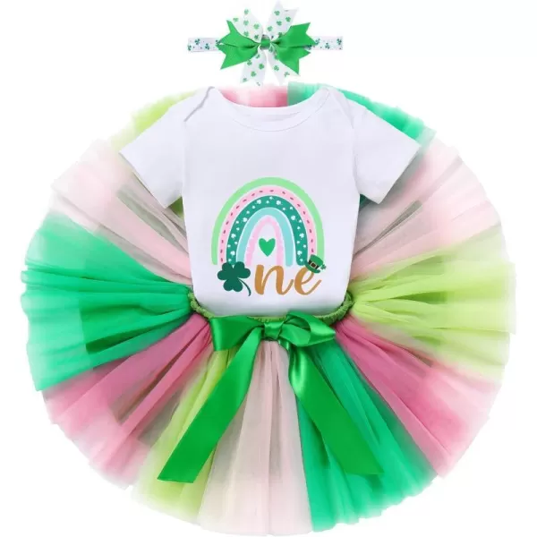 IDOPIP Rainbow 1st Birthday Outfit for Baby Girls Romper Tutu Skirt Tulle Bloomers Headband First Birthday Cake Smash OutfitsGreen  Rainbow One