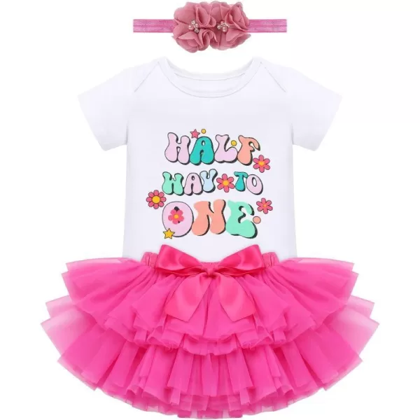 IDOPIP Rainbow 1st Birthday Outfit for Baby Girls Romper Tutu Skirt Tulle Bloomers Headband First Birthday Cake Smash OutfitsHot Pink  Half Way to One