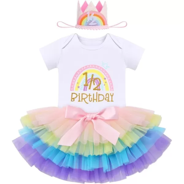 IDOPIP Rainbow 1st Birthday Outfit for Baby Girls Romper Tutu Skirt Tulle Bloomers Headband First Birthday Cake Smash OutfitsRainbow 12 Birthday  Crown