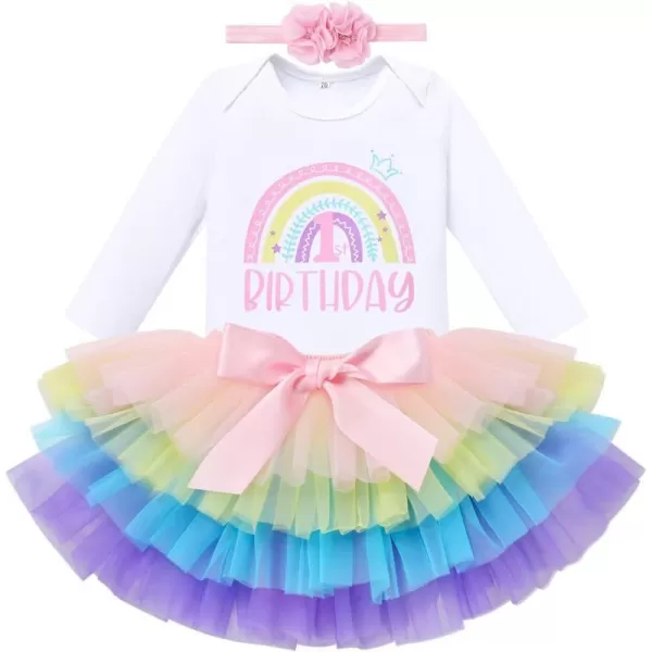 IDOPIP Rainbow 1st Birthday Outfit for Baby Girls Romper Tutu Skirt Tulle Bloomers Headband First Birthday Cake Smash OutfitsRainbow 1st Birthday  Long Sleeve