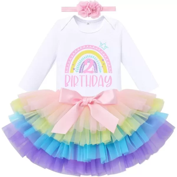 IDOPIP Rainbow 1st Birthday Outfit for Baby Girls Romper Tutu Skirt Tulle Bloomers Headband First Birthday Cake Smash OutfitsRainbow 2nd Birthday  Long Sleeve