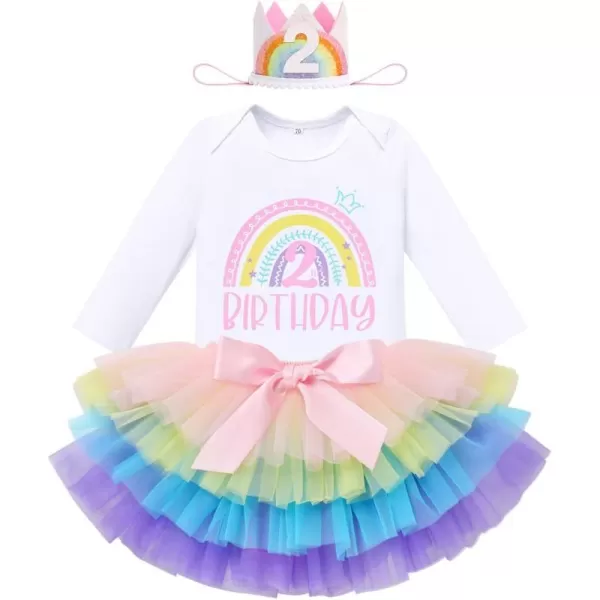 IDOPIP Rainbow 1st Birthday Outfit for Baby Girls Romper Tutu Skirt Tulle Bloomers Headband First Birthday Cake Smash OutfitsRainbow 2nd Birthday  Long Sleeve Crown