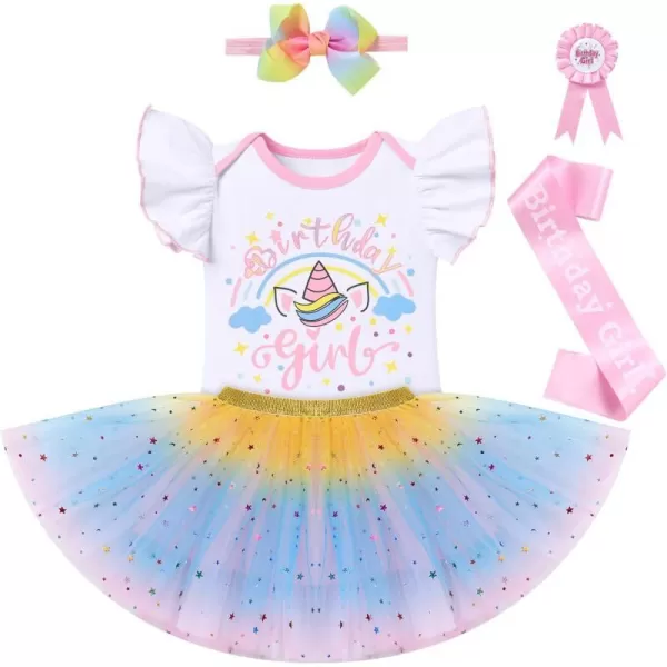 IDOPIP Rainbow Unicorn 1st 2nd 3rd Birthday Girl Outfit Baby Romper Tutu Skirt Headband Sash Badge 5PCS Cake Smash ClothesBlue  Pink  Unicorn