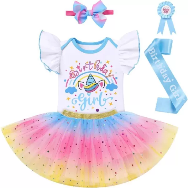 IDOPIP Rainbow Unicorn 1st 2nd 3rd Birthday Girl Outfit Baby Romper Tutu Skirt Headband Sash Badge 5PCS Cake Smash ClothesBlue  Unicorn