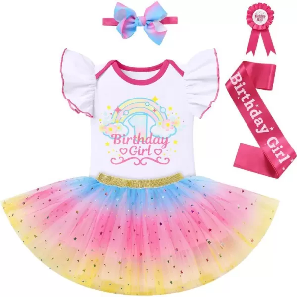 IDOPIP Rainbow Unicorn 1st 2nd 3rd Birthday Girl Outfit Baby Romper Tutu Skirt Headband Sash Badge 5PCS Cake Smash ClothesHot Pink  Cloud 1st