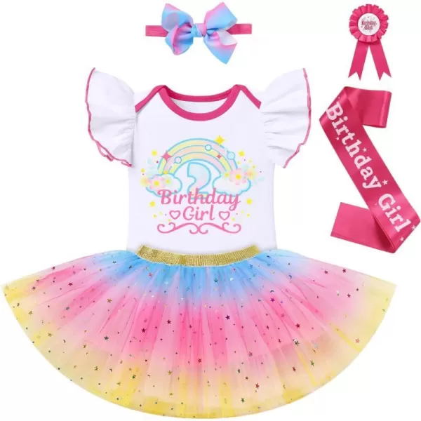 IDOPIP Rainbow Unicorn 1st 2nd 3rd Birthday Girl Outfit Baby Romper Tutu Skirt Headband Sash Badge 5PCS Cake Smash ClothesHot Pink  Cloud 2nd