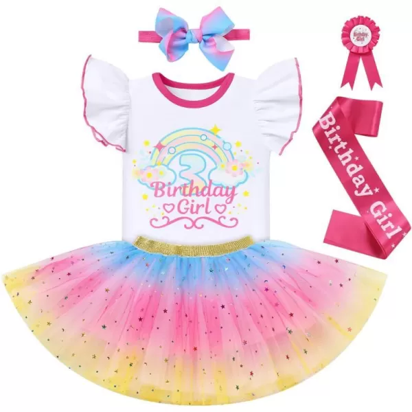 IDOPIP Rainbow Unicorn 1st 2nd 3rd Birthday Girl Outfit Baby Romper Tutu Skirt Headband Sash Badge 5PCS Cake Smash ClothesHot Pink  Cloud 3rd