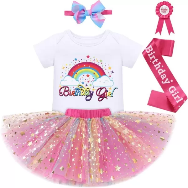 IDOPIP Rainbow Unicorn 1st 2nd 3rd Birthday Girl Outfit Baby Romper Tutu Skirt Headband Sash Badge 5PCS Cake Smash ClothesHot Pink  Rainbow