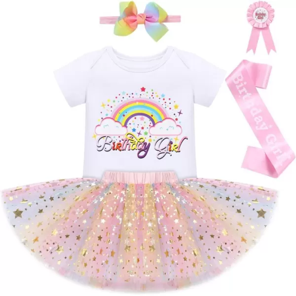 IDOPIP Rainbow Unicorn 1st 2nd 3rd Birthday Girl Outfit Baby Romper Tutu Skirt Headband Sash Badge 5PCS Cake Smash ClothesPink  Rainbow