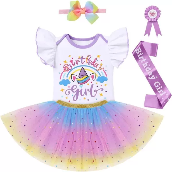 IDOPIP Rainbow Unicorn 1st 2nd 3rd Birthday Girl Outfit Baby Romper Tutu Skirt Headband Sash Badge 5PCS Cake Smash ClothesPurple  Unicorn