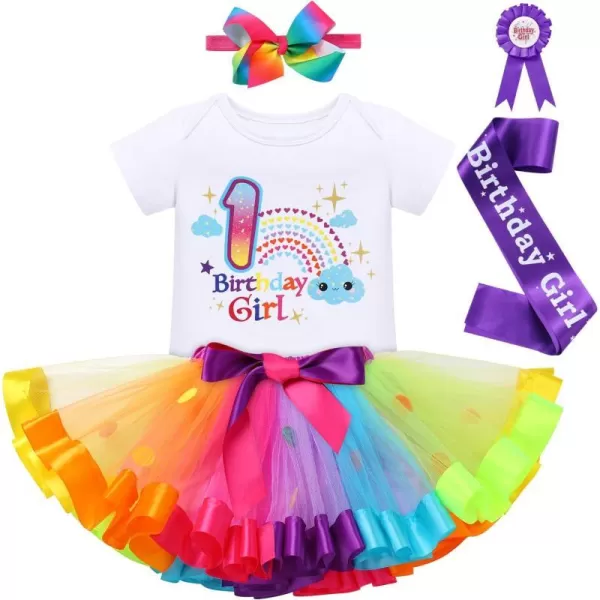 IDOPIP Rainbow Unicorn 1st 2nd 3rd Birthday Girl Outfit Baby Romper Tutu Skirt Headband Sash Badge 5PCS Cake Smash ClothesRainbow  1st Birthday