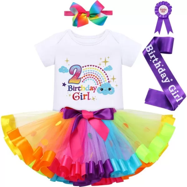 IDOPIP Rainbow Unicorn 1st 2nd 3rd Birthday Girl Outfit Baby Romper Tutu Skirt Headband Sash Badge 5PCS Cake Smash ClothesRainbow  2nd Birthday