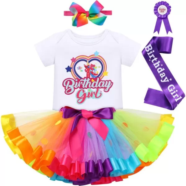 IDOPIP Rainbow Unicorn 1st 2nd 3rd Birthday Girl Outfit Baby Romper Tutu Skirt Headband Sash Badge 5PCS Cake Smash ClothesRainbow  Unicorn 1st Birthday