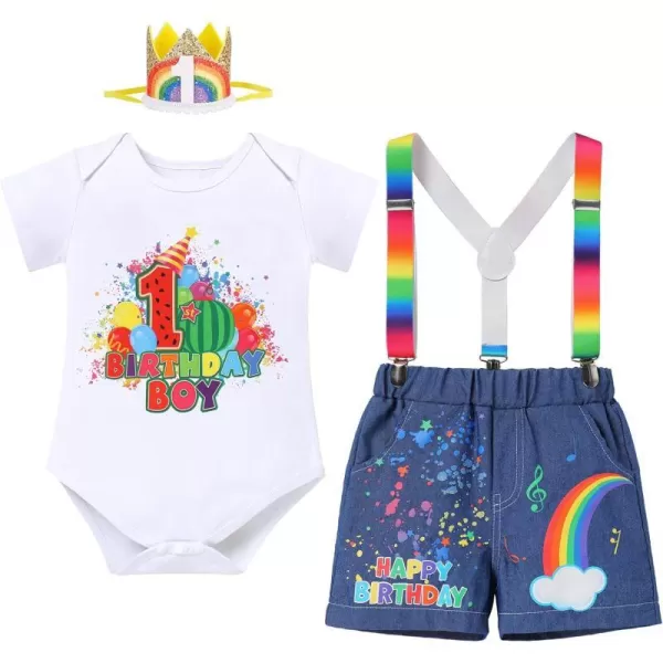 IDOPIP Rainbow Watermelon Birthday Boy Outfit Baby Boys Summer Romper Shirt Suspenders Denim Shorts Headband 4PCS Clothes Set1st Birthday Boy