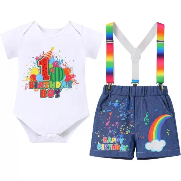 IDOPIP Rainbow Watermelon Birthday Boy Outfit Baby Boys Summer Romper Shirt Suspenders Denim Shorts Headband 4PCS Clothes Set1st Birthday Boy 3pcs