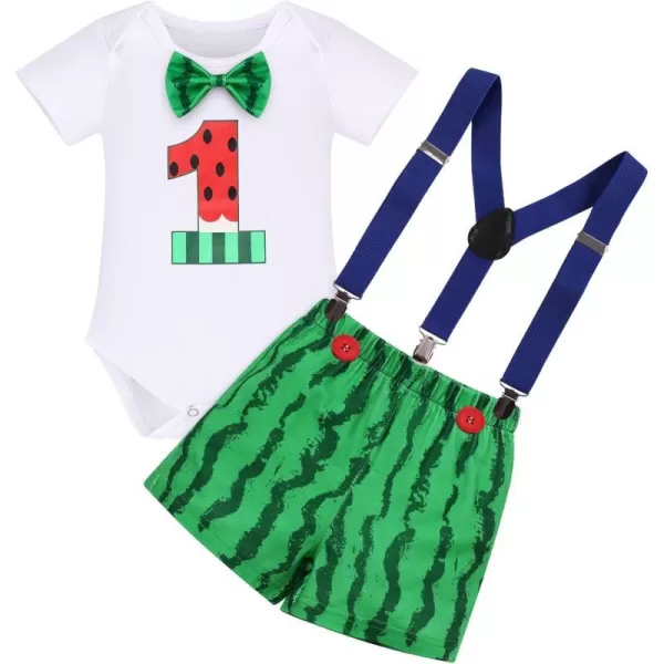 IDOPIP Rainbow Watermelon Birthday Boy Outfit Baby Boys Summer Romper Shirt Suspenders Denim Shorts Headband 4PCS Clothes Set3pcs Green Watermelon  Boxer