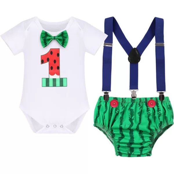 IDOPIP Rainbow Watermelon Birthday Boy Outfit Baby Boys Summer Romper Shirt Suspenders Denim Shorts Headband 4PCS Clothes Set3pcs Green Watermelon