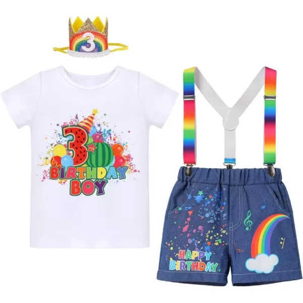 IDOPIP Rainbow Watermelon Birthday Boy Outfit Baby Boys Summer Romper Shirt Suspenders Denim Shorts Headband 4PCS Clothes Set3rd Birthday Boy