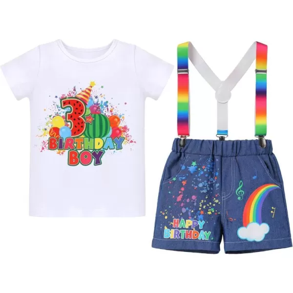 IDOPIP Rainbow Watermelon Birthday Boy Outfit Baby Boys Summer Romper Shirt Suspenders Denim Shorts Headband 4PCS Clothes Set3rd Birthday Boy 3pcs