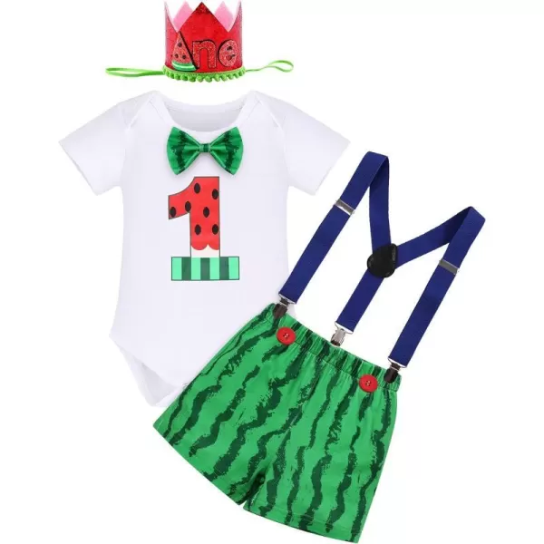 IDOPIP Rainbow Watermelon Birthday Boy Outfit Baby Boys Summer Romper Shirt Suspenders Denim Shorts Headband 4PCS Clothes Set4pcs Green Watermelon  Boxer