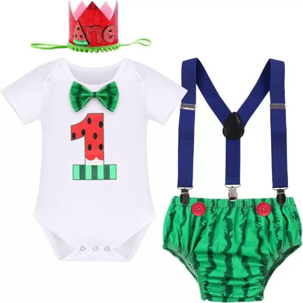 IDOPIP Rainbow Watermelon Birthday Boy Outfit Baby Boys Summer Romper Shirt Suspenders Denim Shorts Headband 4PCS Clothes Set4pcs Green Watermelon