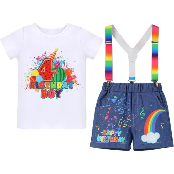 IDOPIP Rainbow Watermelon Birthday Boy Outfit Baby Boys Summer Romper Shirt Suspenders Denim Shorts Headband 4PCS Clothes Set4th Birthday Boy 3pcs