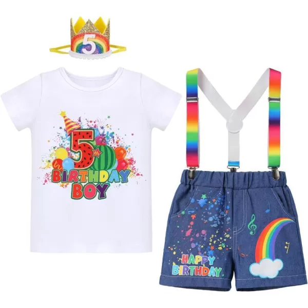 IDOPIP Rainbow Watermelon Birthday Boy Outfit Baby Boys Summer Romper Shirt Suspenders Denim Shorts Headband 4PCS Clothes Set5th Birthday Boy