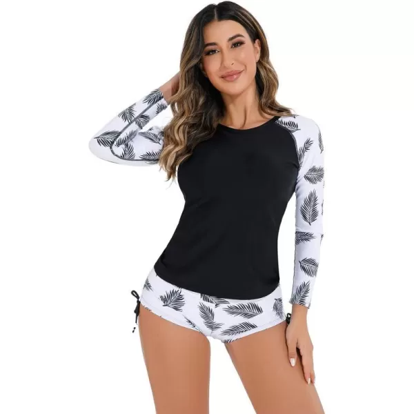 IDOPIP Rash Guard for Women Long Sleeve Floral Print Swim Shirts with Shorts Bottom UPF 50 Two Piece Swimsuit Bathing SuitBlack  White