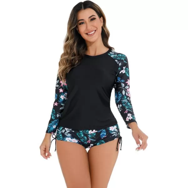 IDOPIP Rash Guard for Women Long Sleeve Floral Print Swim Shirts with Shorts Bottom UPF 50 Two Piece Swimsuit Bathing SuitBlack