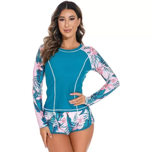 IDOPIP Rash Guard for Women Long Sleeve Floral Print Swim Shirts with Shorts Bottom UPF 50 Two Piece Swimsuit Bathing SuitBlue