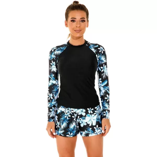 IDOPIP Rash Guard for Women Long Sleeve Floral Print Swim Shirts with Shorts Bottom UPF 50 Two Piece Swimsuit Bathing SuitBlue Floral