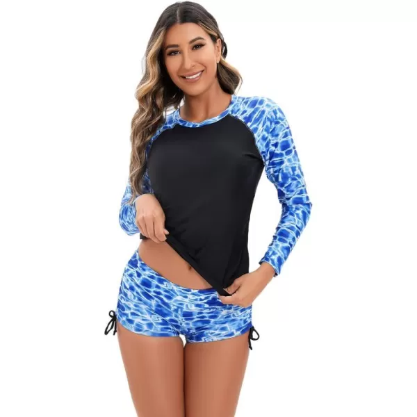 IDOPIP Rash Guard for Women Long Sleeve Floral Print Swim Shirts with Shorts Bottom UPF 50 Two Piece Swimsuit Bathing SuitBlue Print