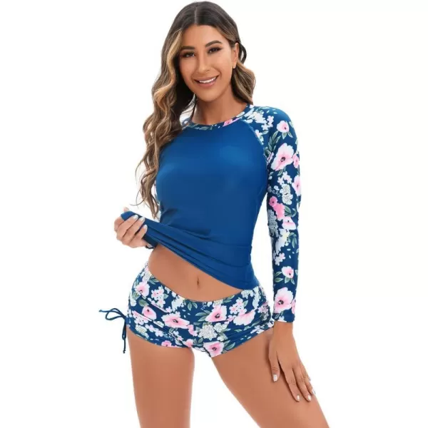 IDOPIP Rash Guard for Women Long Sleeve Floral Print Swim Shirts with Shorts Bottom UPF 50 Two Piece Swimsuit Bathing SuitDark Blue Floral